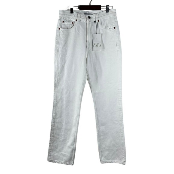 ZARA Women's Jeans White‎ 100% Cotton Distressed Straight High Rise Pants Size 6 - Picture 1 of 13